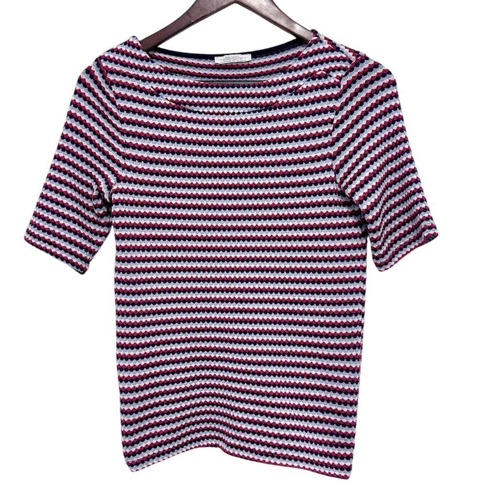 Zara Short Sleeve Sweater Boat Neck Right White Blue Striped Size Small